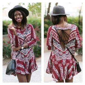 Free People Smooth Talker Tunic Mini Dress Burgundy Boho Print Small